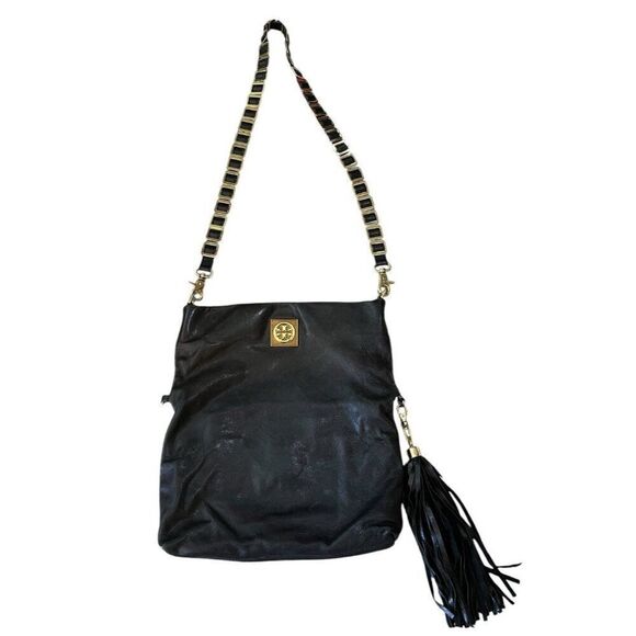 Tory Burch Soft Black Leather Foldover Convertible Crossbody Shoulder Tote Bag - Picture 1 of 8